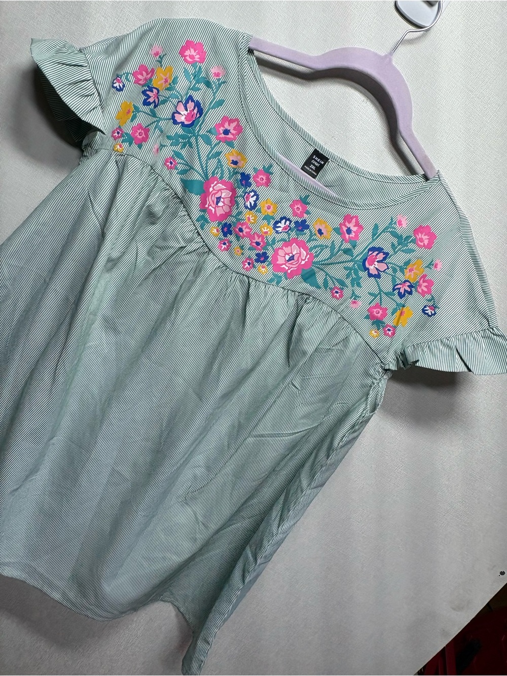 Green Striped Floral Yoke Blouse with Pink & Yellow Accents